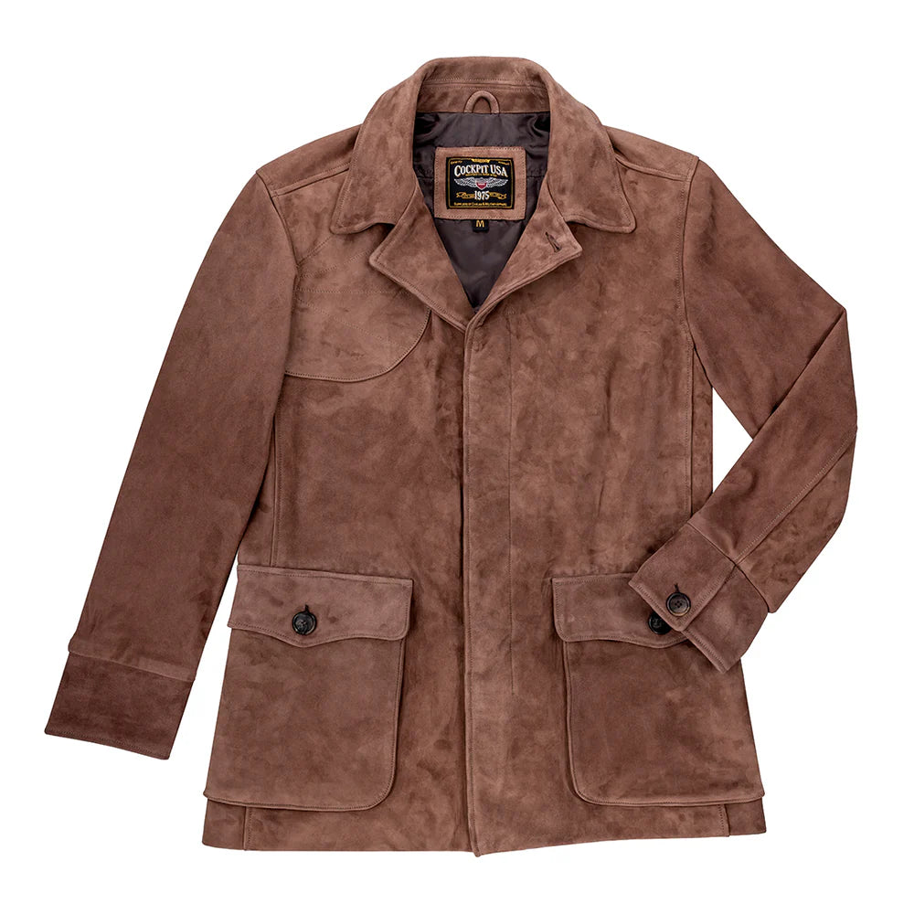 Brown suede jacket with a visible brand label on a white background