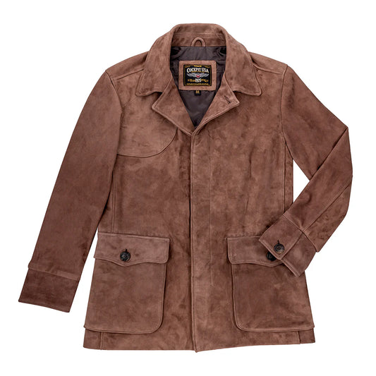 Brown suede jacket with a visible brand label on a white background