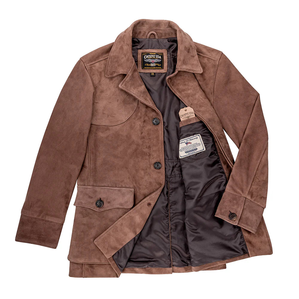 Brown suede jacket with visible brand label on a white background