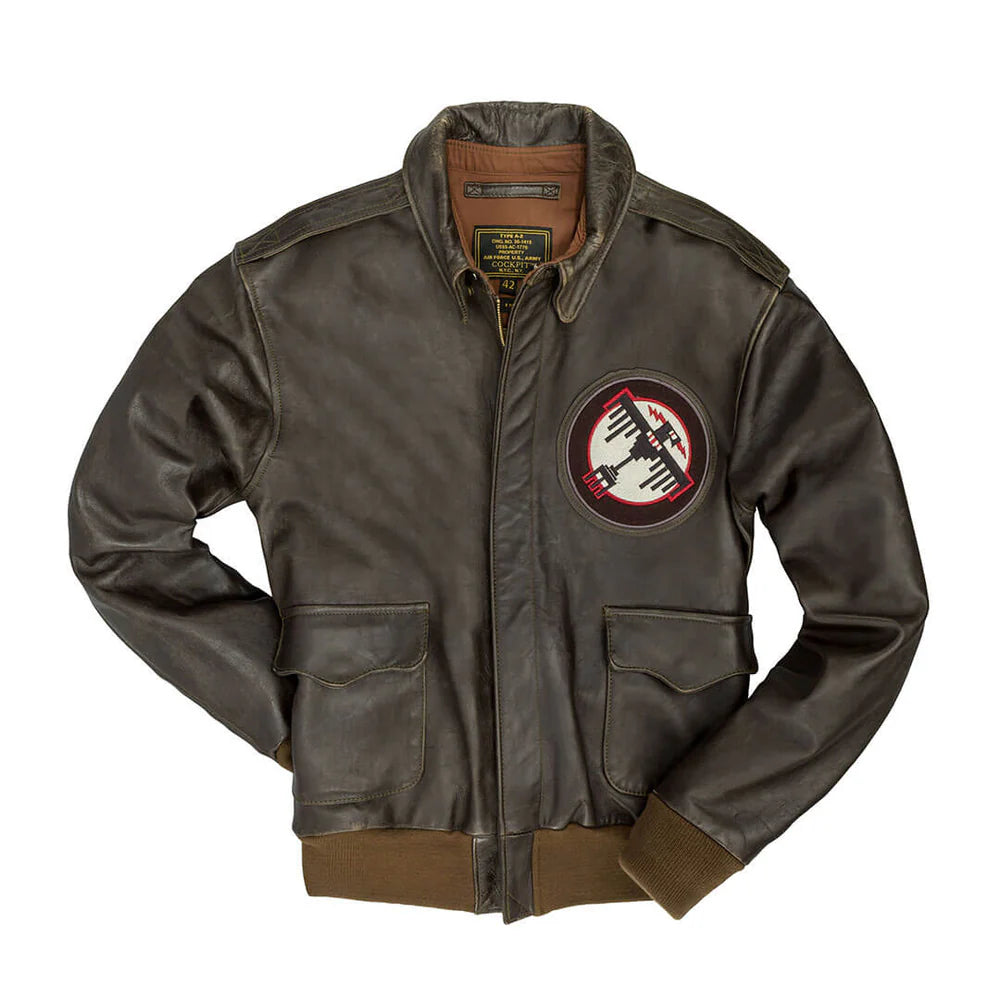 Brown leather jacket with a patch on a white background