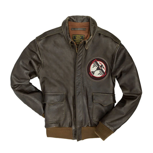Brown leather jacket with a patch on a white background