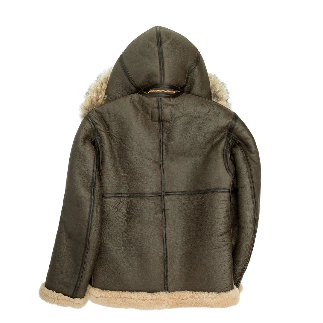 Green leather jacket with fur lining on a white background