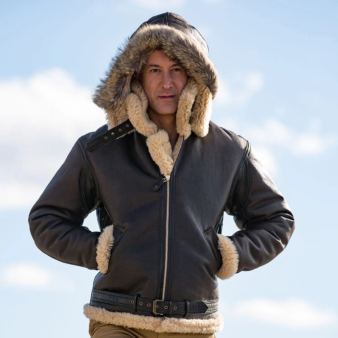 AeroShield Oak Leather B-3 Hooded Bomber Jacket